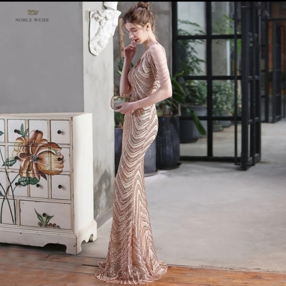 Rose Gold, Striped, Sleeveless, Backless,  Fringe Draped, Sequined Merma…
